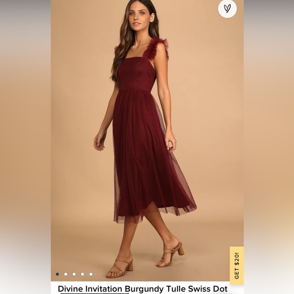 Lulus Dresses & Skirts - Divine Invitation Burgundy Tulle Swiss Dot Ruffled Midi Dress